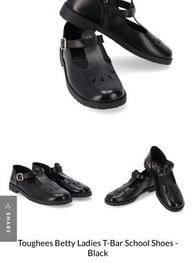 Vintage Toughees Betty T-Bar School Shoes - Black Leather Rubber Soles Size UK6